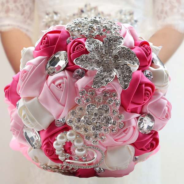 2018 Wedding Bouquet Wedding Flowers Peals Crystal Rhinestone Rose Artificial Wedding Bouquet Crystal Sparkle With Pearls RLLB01