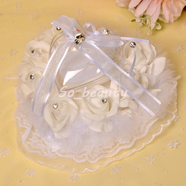 Beige Rose Wedding Ring Pillow with Heart Box Floral Heart Shape Cushion Marriage Creative Suppliers Decoration High Quality BS5718