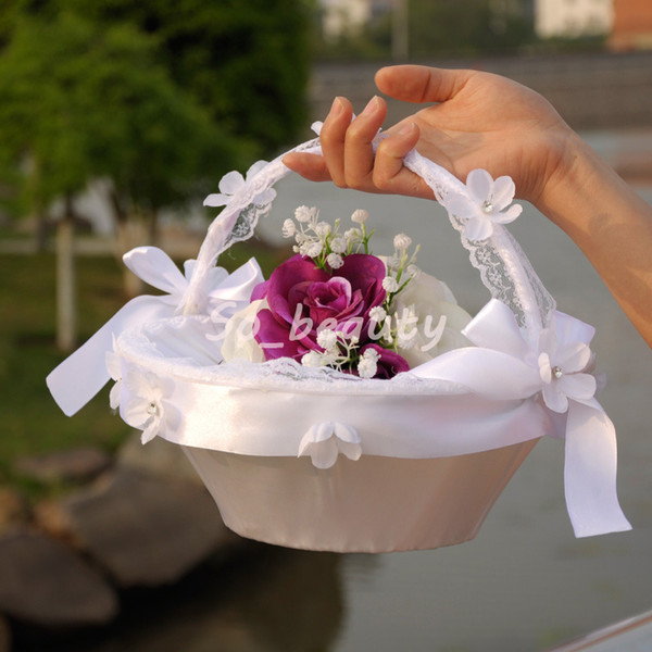 White Elegant Flower Girl Basket Beautiful Round Silk Flower Basket Wedding Favors Wedding Accessory H5626 New