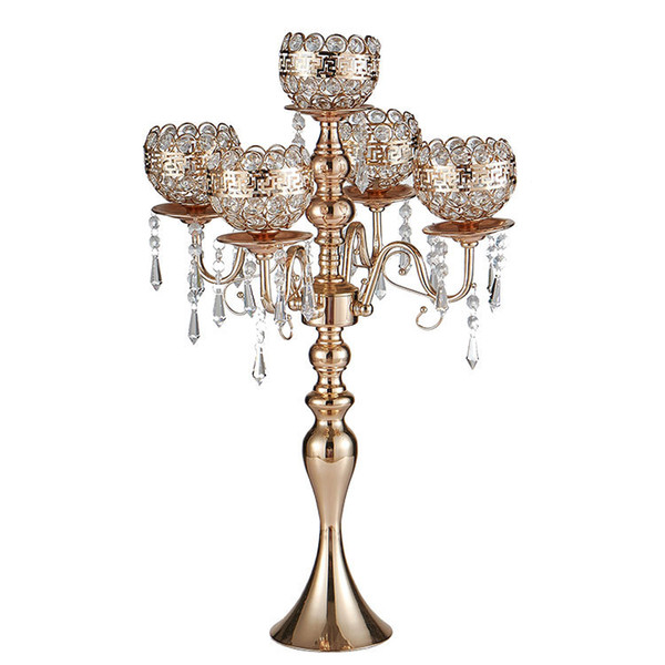 New H63cm Gold 5-Arm crystal candelabra wedding table decor candlesticks decorative candle holder event party decoration