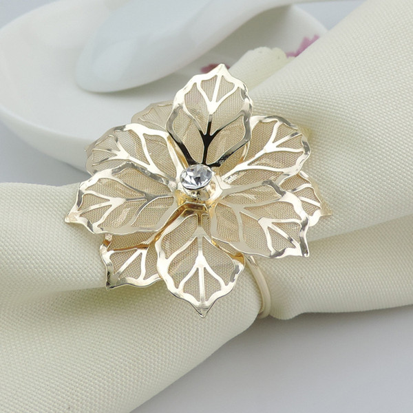 Fashion Napkin Rings Upscale Gold Metal Flower Rhinestone Wedding Party Napkin Ring Home Hotel Beautiful Table Decoration