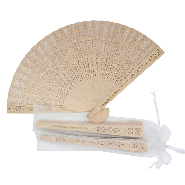 50pcs Personalized Engraved Wood Folding Hand Fan Wooden Fold Fans Customized Wedding Party Gift Decor Favors Organza Bag