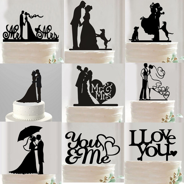 Romantic Acrylic Black Cake Topper Mr Mrs Hollow Cake Accessory Bride Groom Wedding Cake Topper Decoration Party Supplies