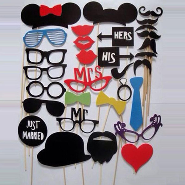 2016 New 31pcs Funny Photo booth props with lips moustaches glasses and sticks party wedding Decorations Prop free shipping