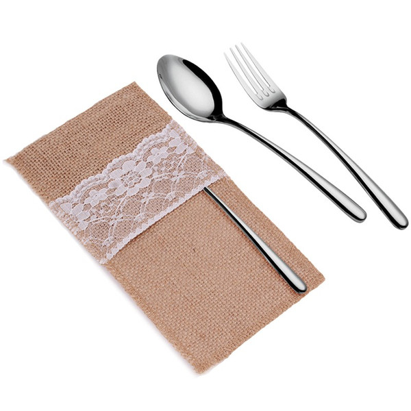 2018 50pcs Burlap Cutlery Holder Table decor Vintage Shabby Chic Jute Lace Tableware Pouch Packaging Fork & Knife Pocket Home Decoration