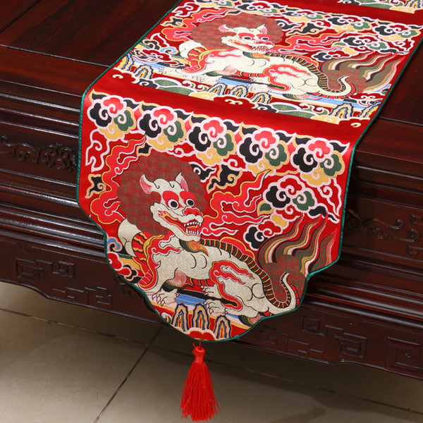 Unique Kirin Table Runners Chinese Ethnic style Cover Cloth High-density Thick Silk Brocade Coffee Table Cloth Wedding Reception Decorations