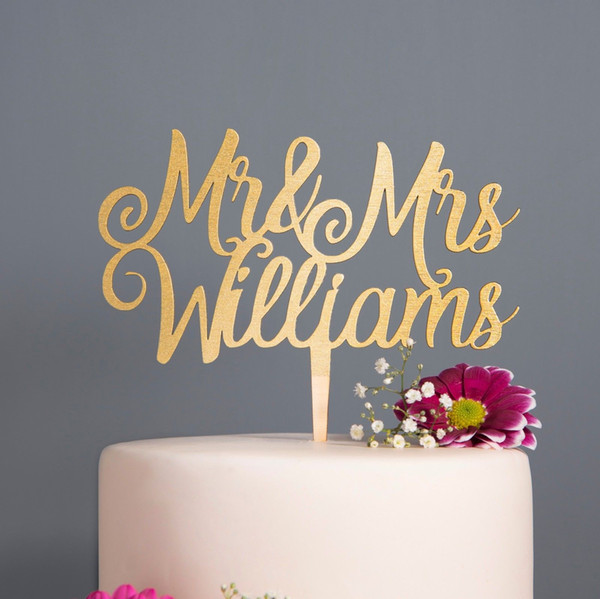 Personalised Calligraphy Mr & Mrs Wedding Cake Topper Wooden Rose Gold