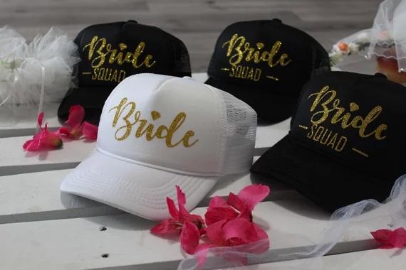 personalized GLITTER Bride Squad wedding bridesmaid Bachelorette Mesh Trucker Snapback trucker hats caps party favors