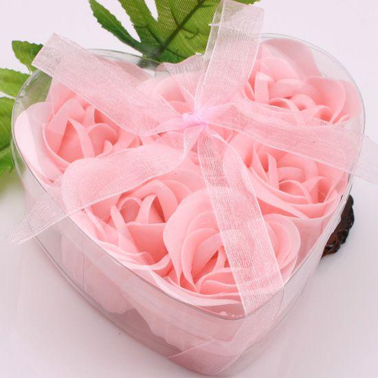 12 Boxes 6pcs Pink Decorative Rose Bud Petal Soap Flower Wedding Favor in Heart-shaped Box