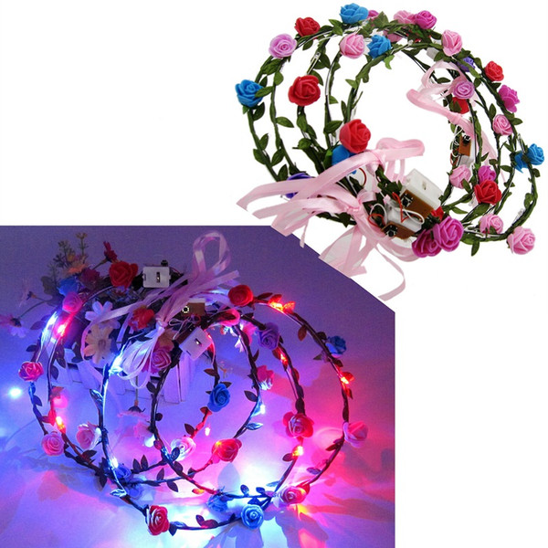 100pcs Flashing LED Tiara Headbands Boho Flowers Hairband Hawaii lei Headwear Glowing Head Wreaths for Girls Women WA2579
