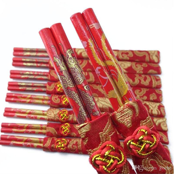500 Pairs Wooden Retro Classic Chinese Double Happiness Chopsticks Dragon&Phoenix Printed Wedding Bouquet Souvenirs Gift ZA1343