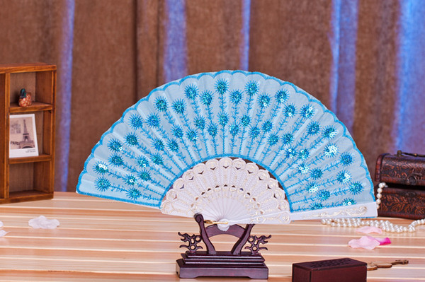 FEIS new fashion peacock sequined dancing fold fan with white pole wedding favor festival gifts easy taken
