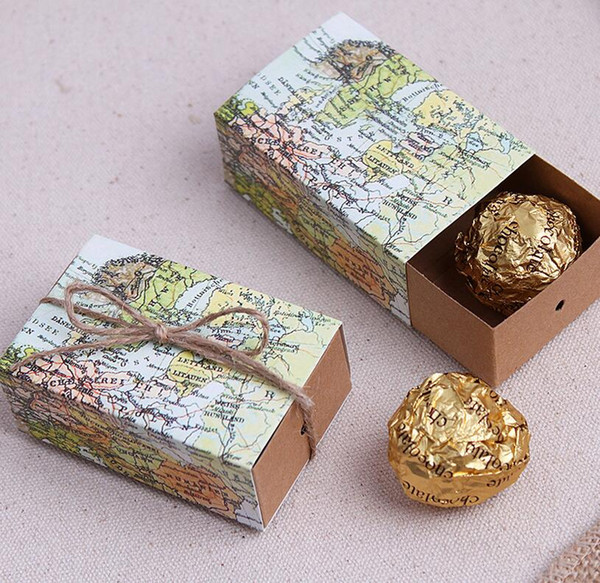 100 Pcs/lot Free Shipping World map Wedding Favors Candy Boxes Gift Box Sugar Candy Box with Burlap