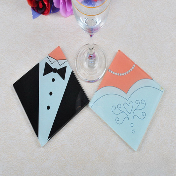 Bride Gown & Groom Tuxedo Creative Square Glass Coasters Cup Mat for Wedding Favors 2pcs/set+DHL 