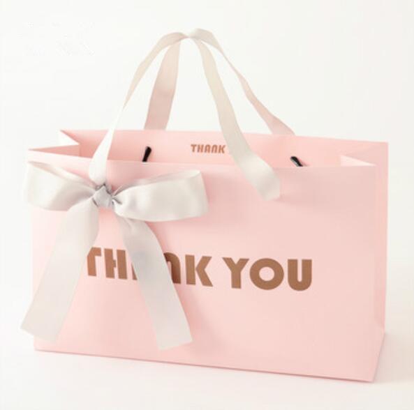 wedding favor handbag with big ribbon bow, foil stamp thank you, wedding return gift idea, pink and white color both available