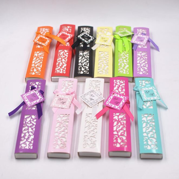 Wedding Favors and Gifts for Guest 12 colors silk Fold hand Fan in A hollowed-out gift box with A card and ribbon as picture show WQ34