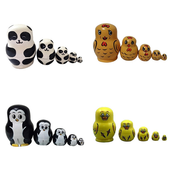 New 5pcs/Set Cute Russian Wooden Nesting Dolls Panda Penguin Matryoshka Hand Painted Gift