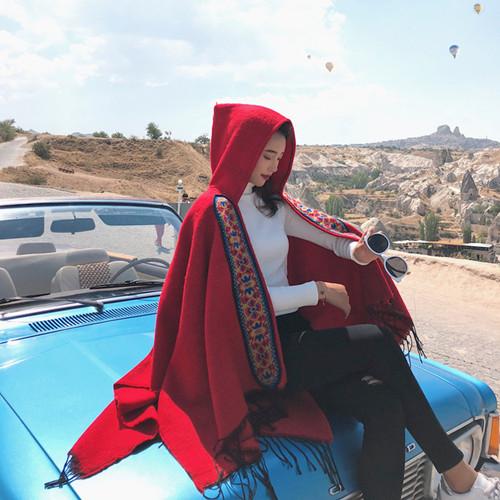 Ethnic Wind Scarf Thicken Travel Red Capped Cape Cloak Cape Wedding Gift Shawl