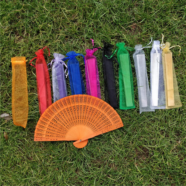 Personalized Sandalwood folding hand fans with organza bag wedding return gifts bridal shower favors 50pcs lot wholesales