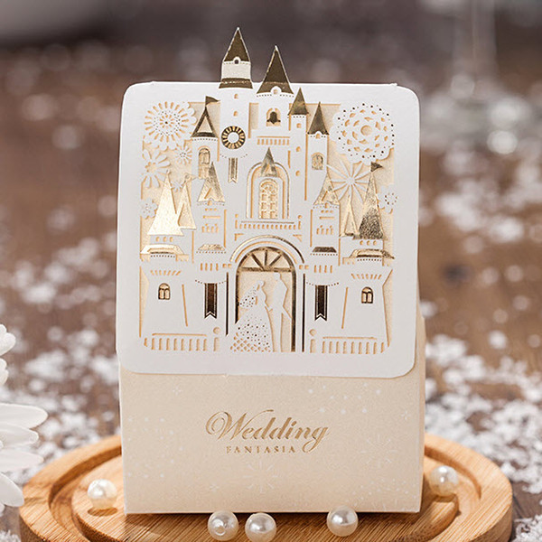 Romantic Shiny Gold Laser Cut Love Castle Wedding Gift Candy Favor Boxes, CB5093