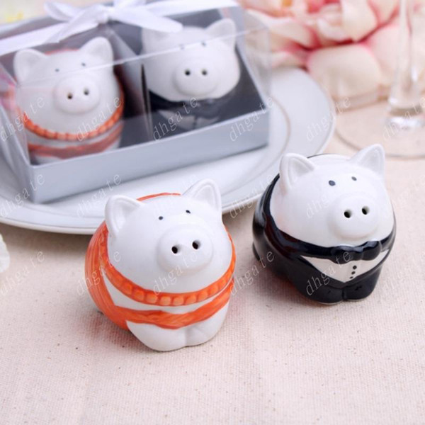 Hot 200pcs=100box Orange and black/ white and black color pig bride groom Salt Pepper Shakers wedding favor bridal shower gifts..