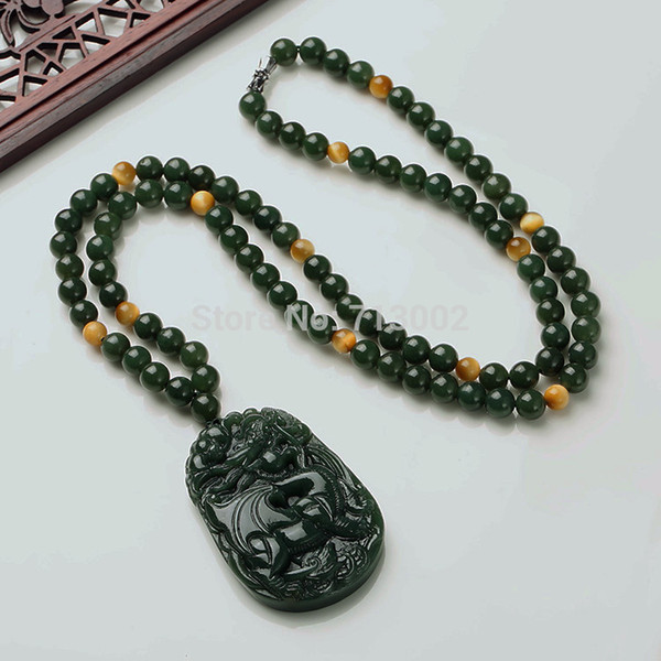 Nature bottle green jade carven beast Amulet jadite Pendant mala bead Necklace TALISMAN