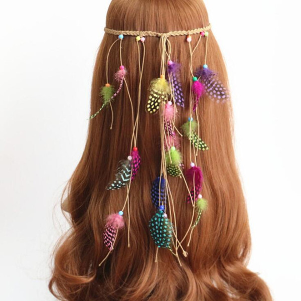 New Colorful Bohemian Indian Feather Headband Women Girls Handmade Weave Head Chain Hair Accessories Halloween Party Favor