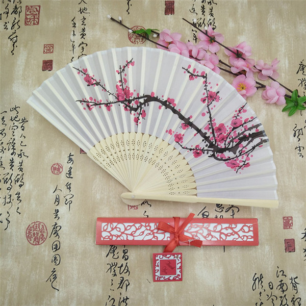 Cherry Blossom Silk Bamboo Craft Fan Wedding Favor Plum Blossom Hand Folding Fan Wintersweet Bamboo Fans+Paper Gift Box+DHL 