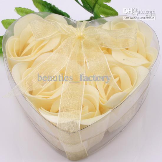24 Boxes 6pcs Yellow Decorative Rose Bud Petals Soap Flower Wedding Favor in Clear Heart-shaped Box