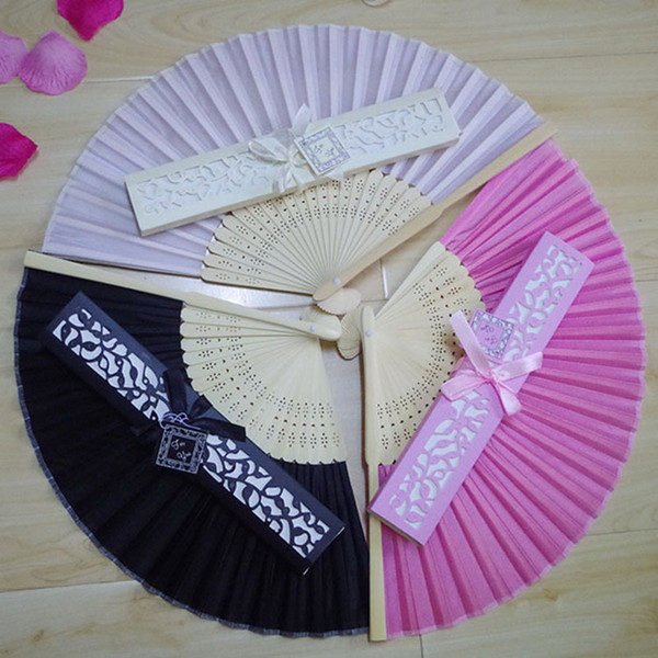 Wedding Favors Gift Silk Bamboo Hand Folding Fans Bridal Party Souvenir with Laser Cut Boxes Packing Custom Logos DHL 
