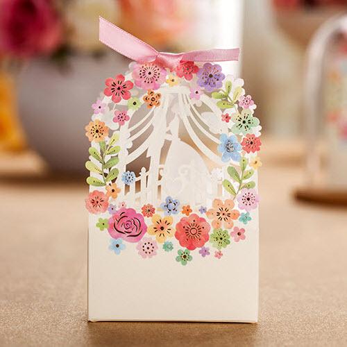 50 Pieces, White Laser Cut Lover and Color Flowers Wedding Gift Candy Favor Boxes, CB5066
