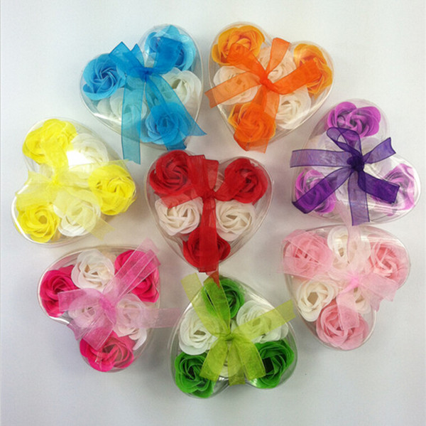New Beautiful Heart Shaped Bicolor Rose Soap Flower (6pcs / box) Bath Soap Flower For Romantic Wedding Favor Valentines Day Gifts