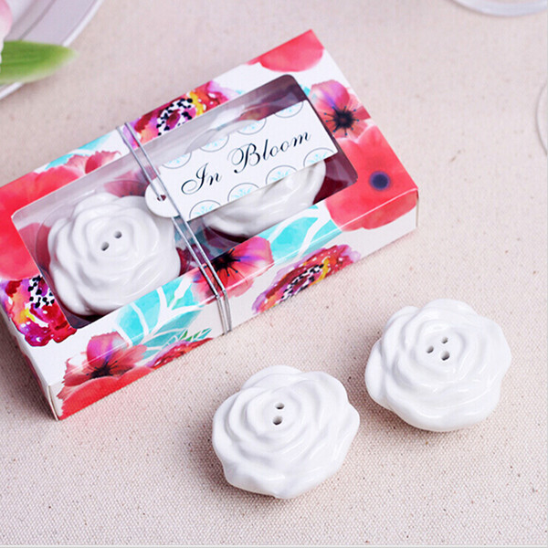 2pcs for one box Elegant Blooming Roses Flower Ceramic Cruet Salt & Pepper Shakers Wedding Party Favor Gifts for Guest 