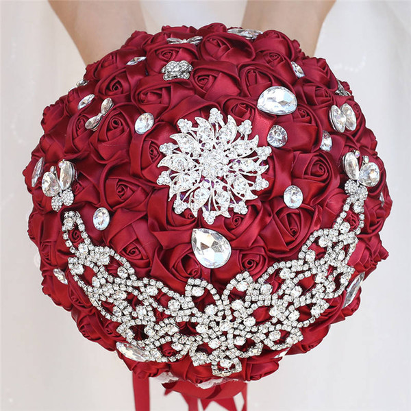 21CM Wedding Bouquet Dark Red Silk Flowers Bridesmaid Bridal Bouquet Diamond Brooch Bouquet Wedding Flowers Bridal Bouquets W571