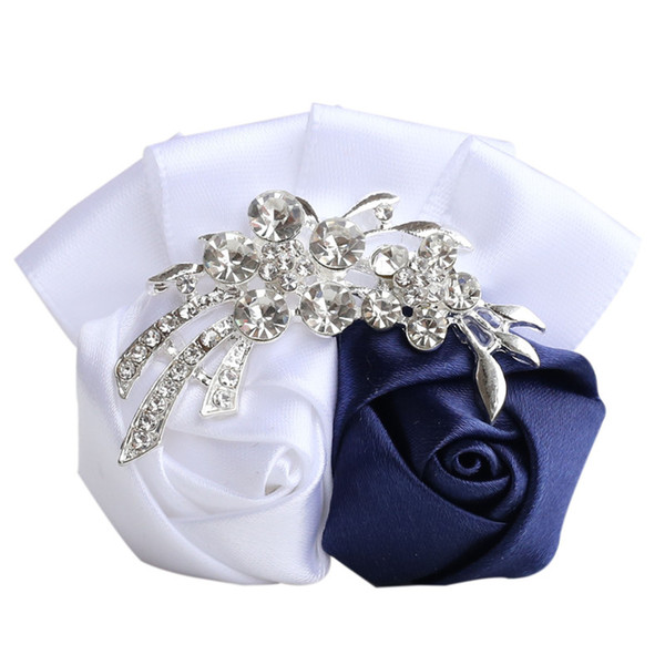 10pcs/lot New Brooches Groom Boutonniere Navy White Rhinestone Boutonniere Wrist Flower Corsages Lapel Pin Men Suit Pins 0688