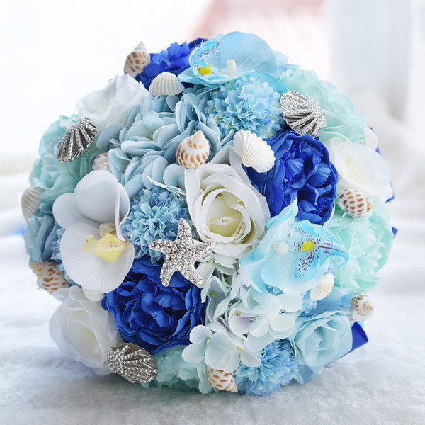 Special Wedding Bouquet Light Blue 2022European Bridal Bridesmaid Flowers Artificial Rose Home Decoration Wedding Bouquet with crystal Gift