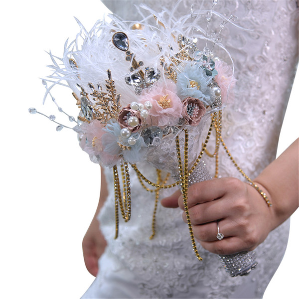 H&S BRIDAL Ivory Pink Feather Wedding Bouquet 2022Women Artificial Flower with pearl Gift Bridal Bouquet for Wedding Decoration