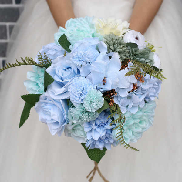 H&S BRIDAL Light Blue Wedding Flowers Women Romantic Bridal Bouquet Artificial Rose Bridesmaid Bridal Bouquets ramos de novia