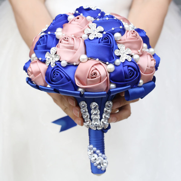 H&S BRIDAL Artificial Royal Blue Wedding Bouquets Holding Flower Bridesmaid Rose Crystal Elegant Bridal Wedding Bouquet de mariage