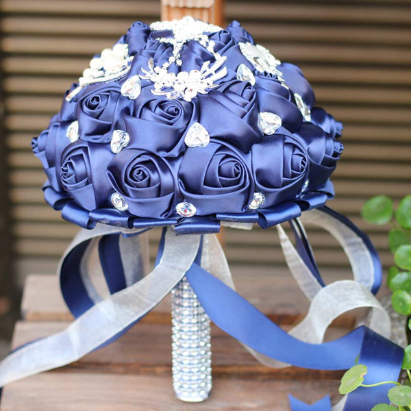 H&S BRIDAL Dark Navy Wedding Flowers with crystal Lace Elegant Bridesmaid Bridal Bouquets Wedding decoration 2022ramos de novia