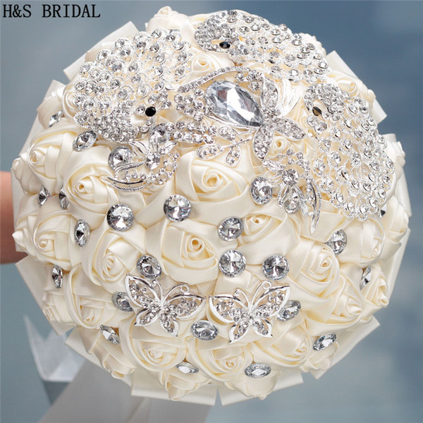 Ivory red white Bridesmaid bridal flowers ribbon luxury rhinestone wedding bouquet elegant rose Artificial rose hot sale