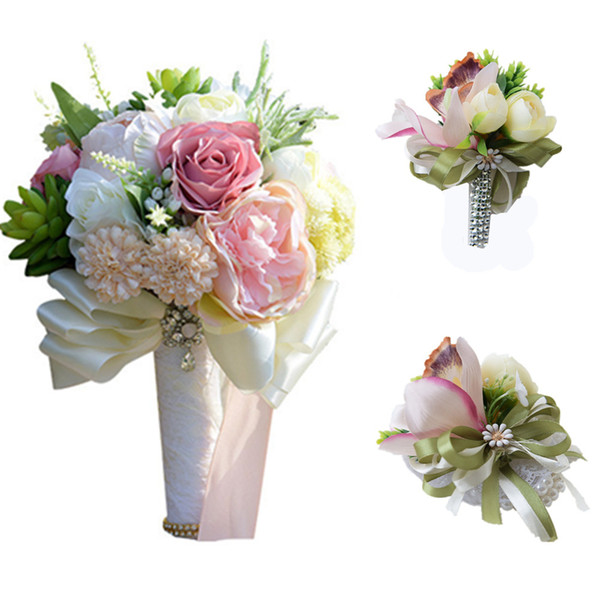 H&S BRIDAL Real Wedding Bouquet (Wrist flower and boutonniere ) Vintage Ribbon Wedding Flower Bridesmaid Bridal Bouquet Artificial Rose