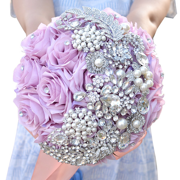 H&S BRIDAL Elegant Wedding Flowers Light Purple Ivory Artificial Rose bouquet mariage Luxury Rhinestone Pearl Gift ramo de novia