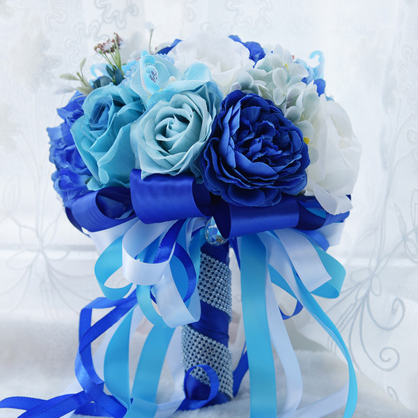 New Arrival Blue Wedding Bouquet Women Handmade Elegant Artificial Flower Rose Gift Ribbon Bridesmaid Bridal Bouquet for Wedding Decoration