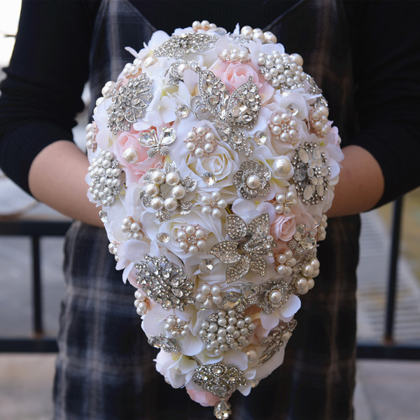 H&S BRIDAL Ivory Pink Wedding Bouquet Waterfall Luxury Pearl Rhinestone Artificial Flower Bridesmaid Bridal flower Decoration New Arrival