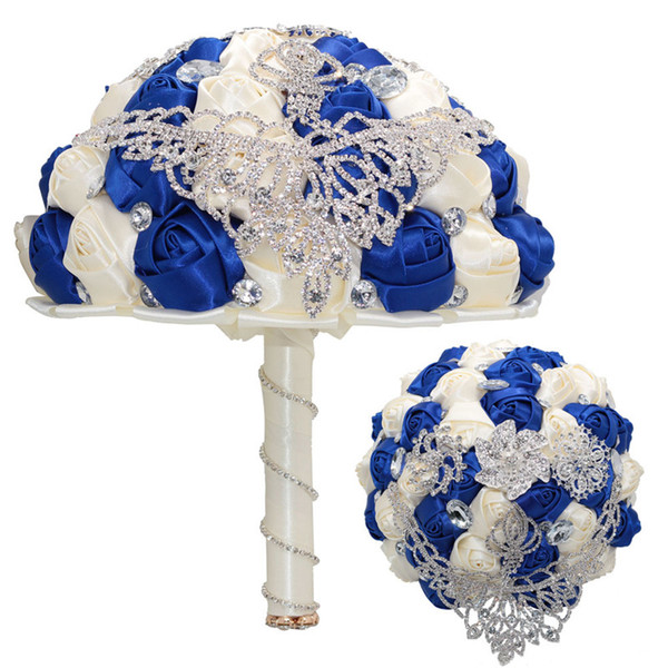 Royal blue and Ivory Wedding Flowers Luxury Rhinestone Wedding Bouquets Decorated with Crystal Rose Artificial Flowers Brooch bouquet