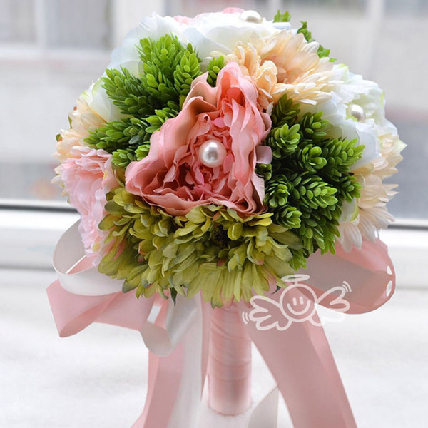 Green Pink Red Bridal Wedding Bouquet Colorful Wedding Decoration Artificial Bridesmaid Flower Pearls Beads Bride Holding Flowers