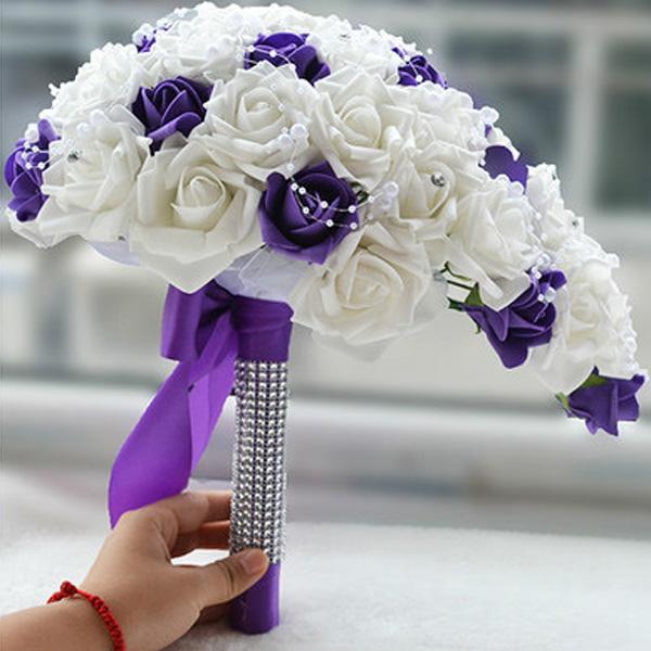 Artificial Pearl Crystal Bridal Bouquets White+Purple Waterfall Wedding Bridal Flower Red Brides Handmade Brooch Bouquet De Mariage