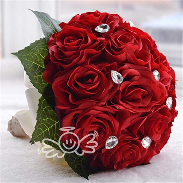 High Quality Red/White/Pink Silk Rose Flowers Bouquet Crystal Bridal Wedding Bouquets Brooch WF038