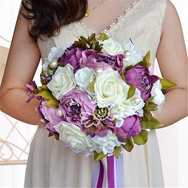 New Wedding Bouquets Pink Peonies Silk Artificial Satin Posy Brooch Bouquet for Bridal Bridesmaid Country Wedding